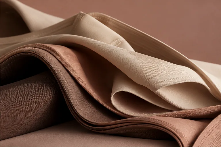 Editorial concept close-up of layered neutral shapewear fabric textures and seams